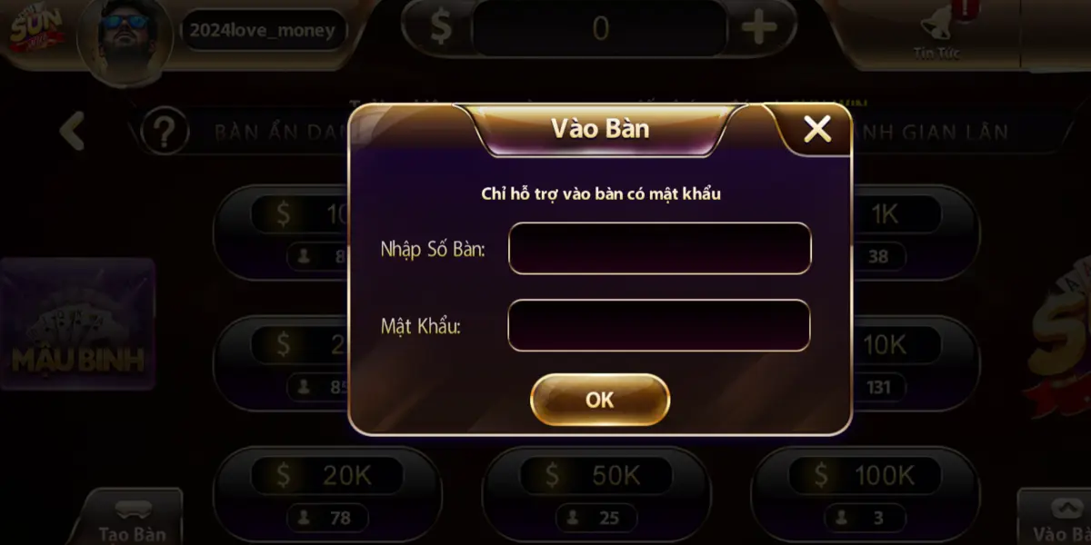 Cách vào bàn chơi Mậu binh sun win