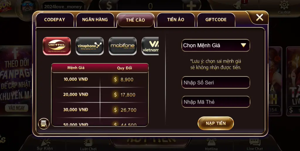 Nạp tiền Sun win qua thẻ cào