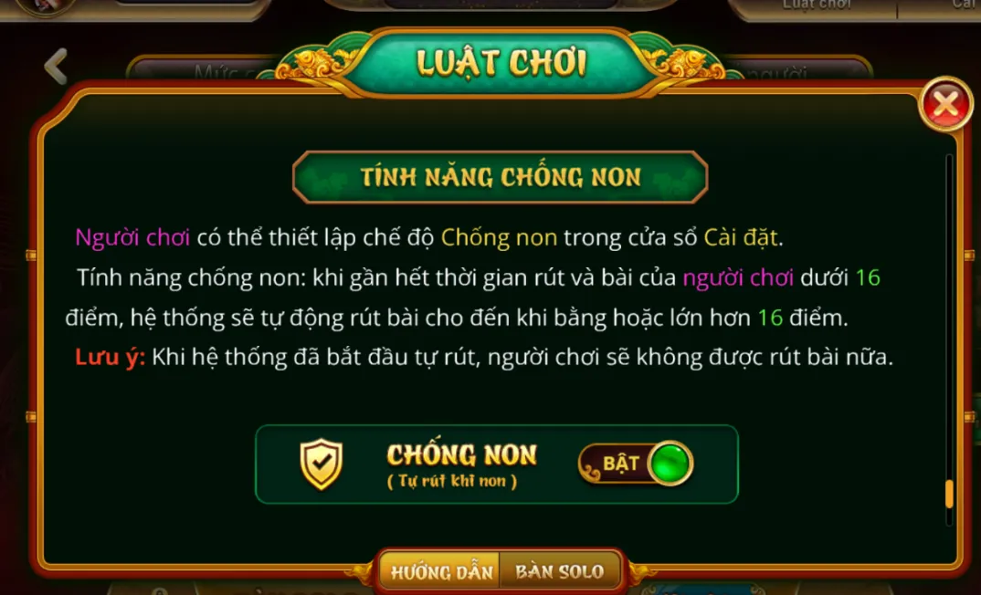 Anh em cá cược có thể tùy ý điều chỉnh tính năng chống non trong Xì Dách Hoàng Gia